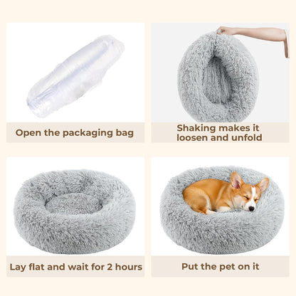 Calming Donut Dog and Cat Bed for Indoor Cats, Anti-Anxiety Round Fluffy Soft Washable Small Pet Bed for Puppy and Kitten, Warming Comfortable Luxury Anti-Slip Waterproof Mute Base 20in Gray