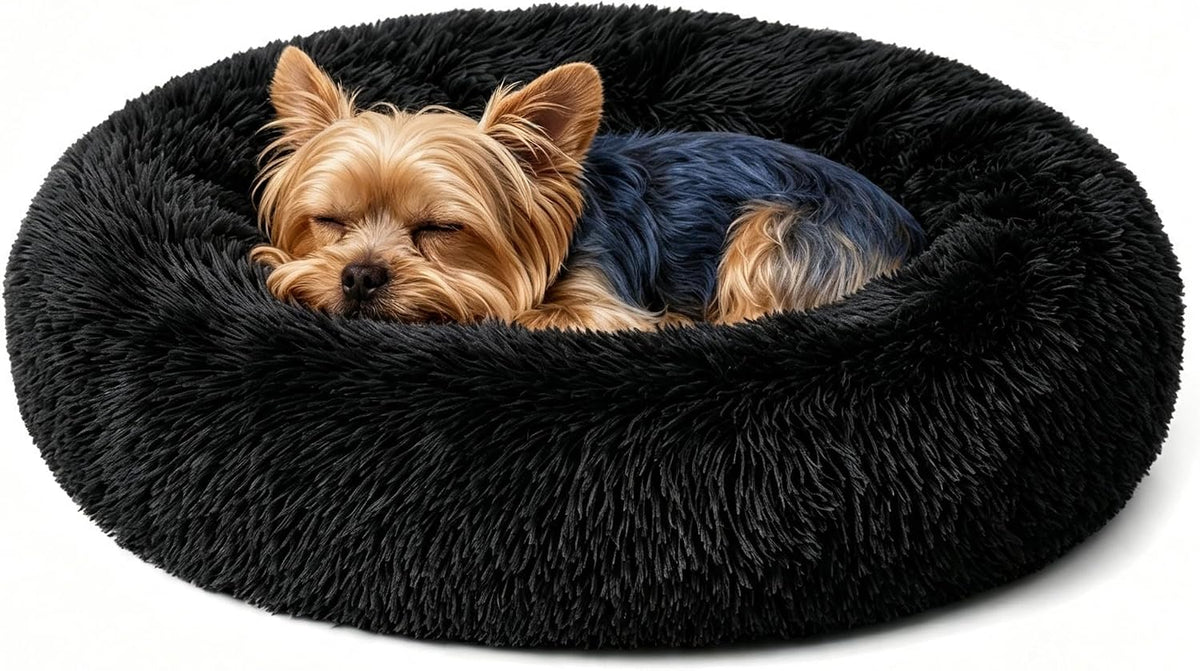 Calming Donut Dog and Cat Bed for Indoor Cats, Anti-Anxiety Round Fluffy Soft Washable Small Pet Bed for Puppy and Kitten, Warming Comfortable Luxury Anti-Slip Waterproof Mute Base 20in Gray