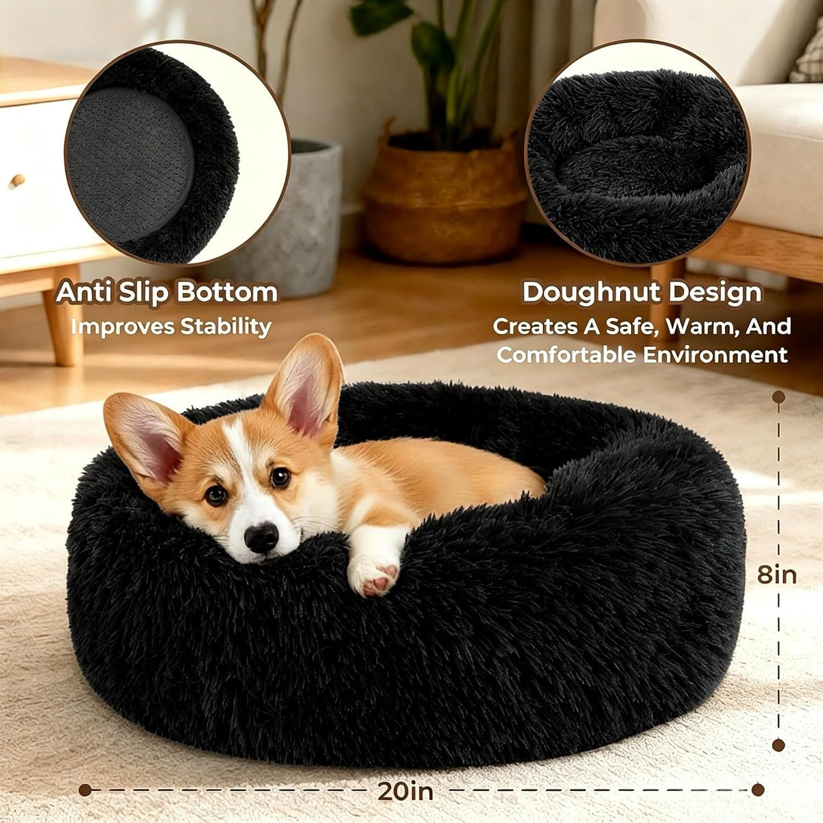 Calming Donut Dog and Cat Bed for Indoor Cats, Anti-Anxiety Round Fluffy Soft Washable Small Pet Bed for Puppy and Kitten, Warming Comfortable Luxury Anti-Slip Waterproof Mute Base 20in Gray