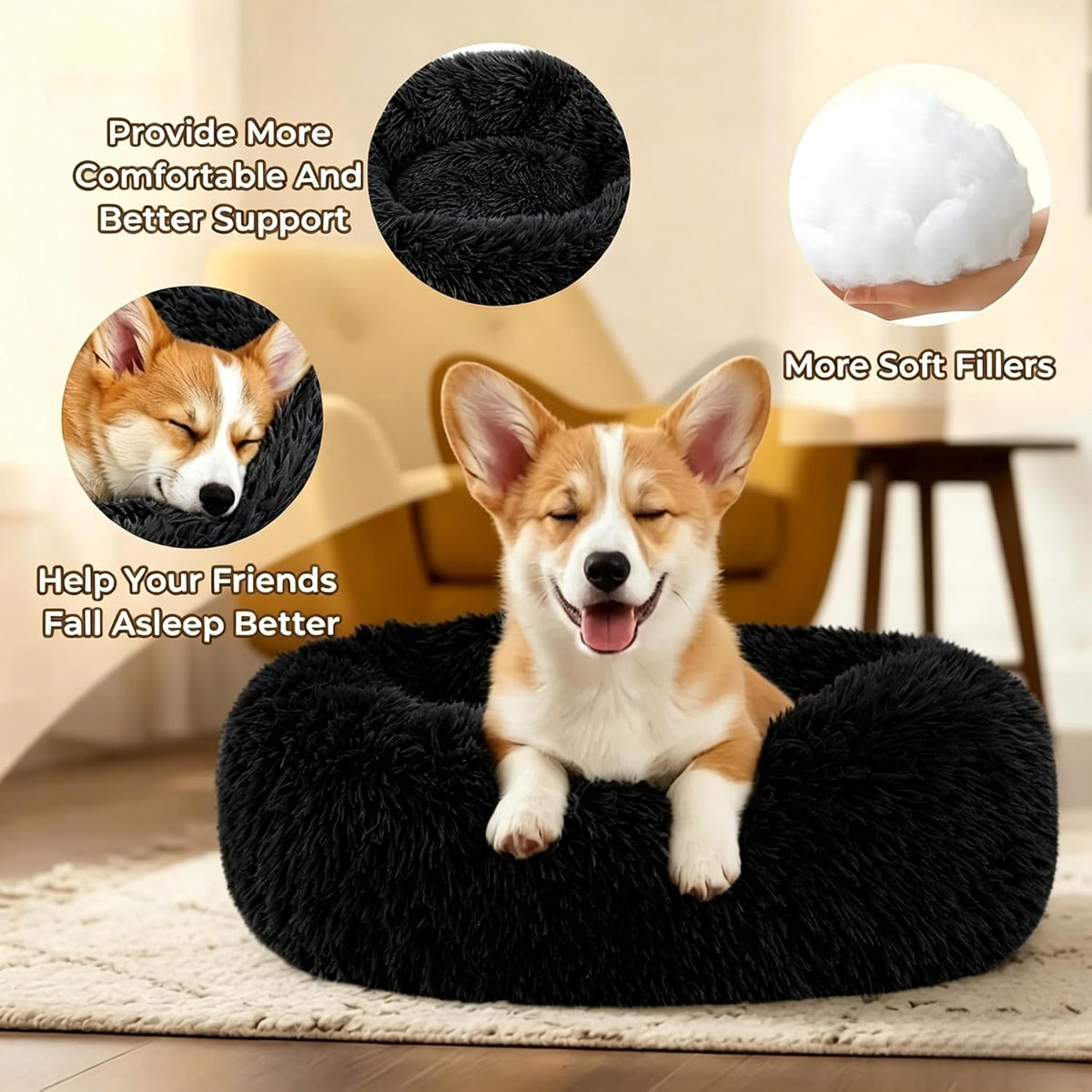 Calming Donut Dog and Cat Bed for Indoor Cats, Anti-Anxiety Round Fluffy Soft Washable Small Pet Bed for Puppy and Kitten, Warming Comfortable Luxury Anti-Slip Waterproof Mute Base 20in Gray