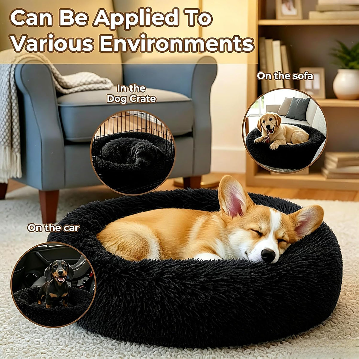 Calming Donut Dog and Cat Bed for Indoor Cats, Anti-Anxiety Round Fluffy Soft Washable Small Pet Bed for Puppy and Kitten, Warming Comfortable Luxury Anti-Slip Waterproof Mute Base 20in Gray