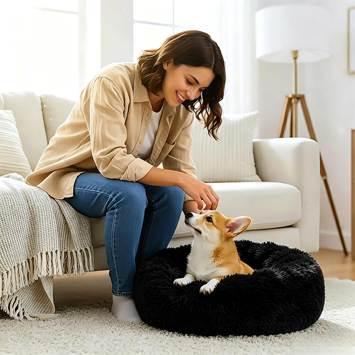 Calming Donut Dog and Cat Bed for Indoor Cats, Anti-Anxiety Round Fluffy Soft Washable Small Pet Bed for Puppy and Kitten, Warming Comfortable Luxury Anti-Slip Waterproof Mute Base 20in Gray