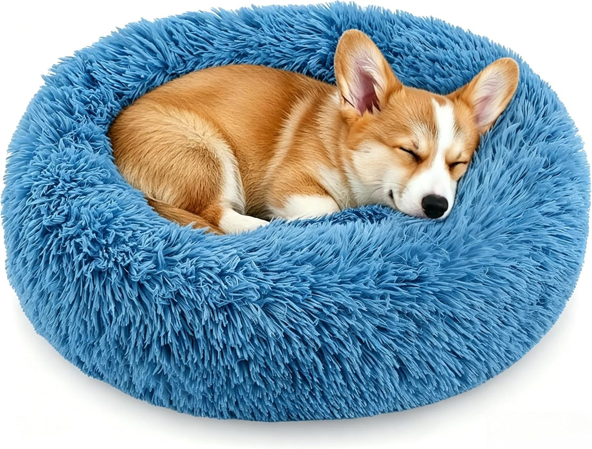 Calming Donut Dog and Cat Bed for Indoor Cats, Anti-Anxiety Round Fluffy Soft Washable Small Pet Bed for Puppy and Kitten, Warming Comfortable Luxury Anti-Slip Waterproof Mute Base 20in Gray