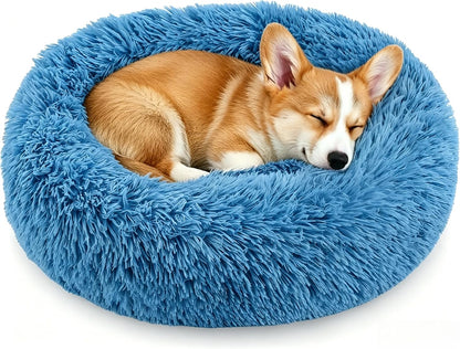 Calming Donut Dog and Cat Bed for Indoor Cats, Anti-Anxiety Round Fluffy Soft Washable Small Pet Bed for Puppy and Kitten, Warming Comfortable Luxury Anti-Slip Waterproof Mute Base 20in Gray
