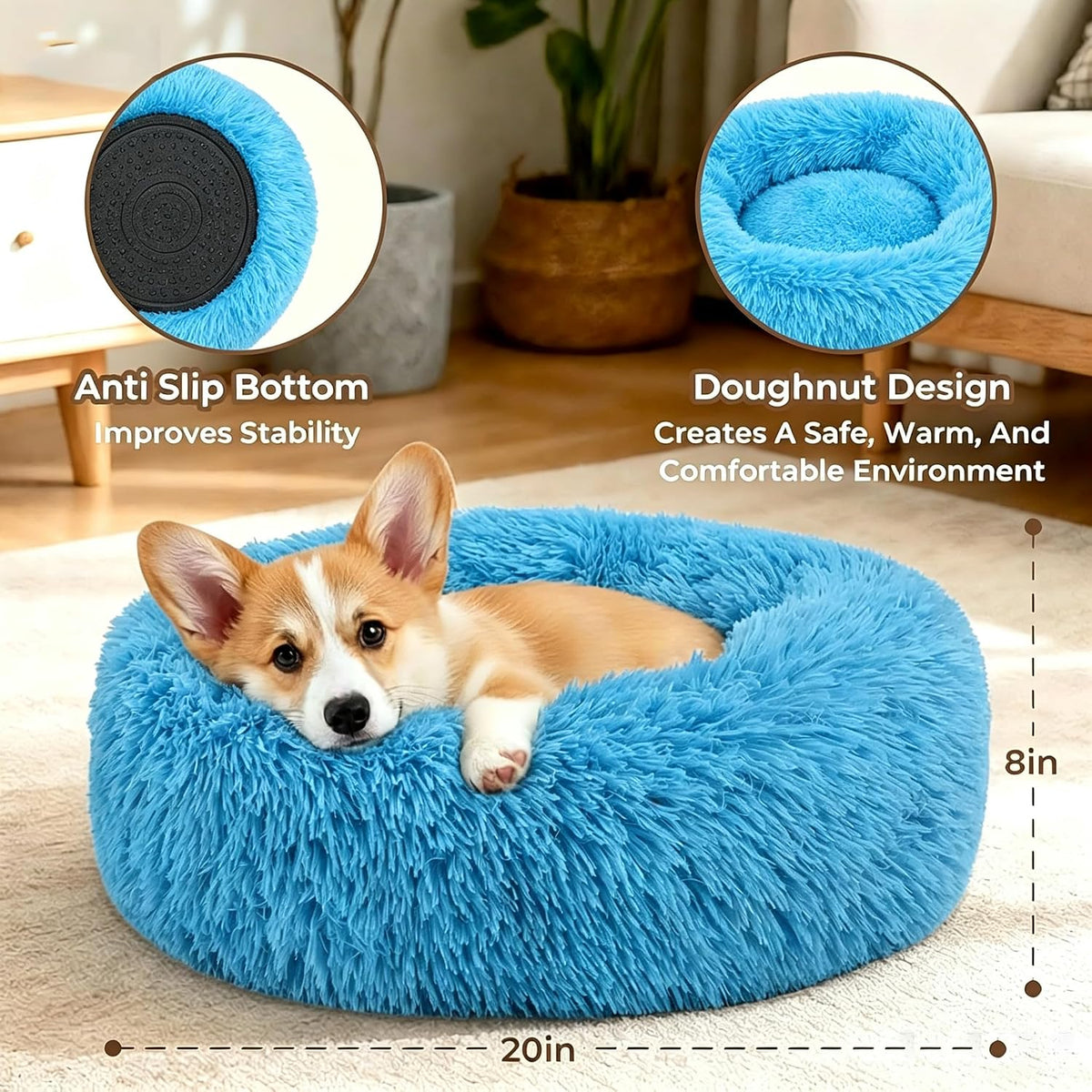 Calming Donut Dog and Cat Bed for Indoor Cats, Anti-Anxiety Round Fluffy Soft Washable Small Pet Bed for Puppy and Kitten, Warming Comfortable Luxury Anti-Slip Waterproof Mute Base 20in Gray