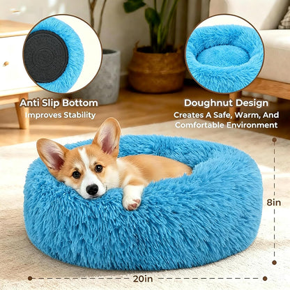 Calming Donut Dog and Cat Bed for Indoor Cats, Anti-Anxiety Round Fluffy Soft Washable Small Pet Bed for Puppy and Kitten, Warming Comfortable Luxury Anti-Slip Waterproof Mute Base 20in Gray