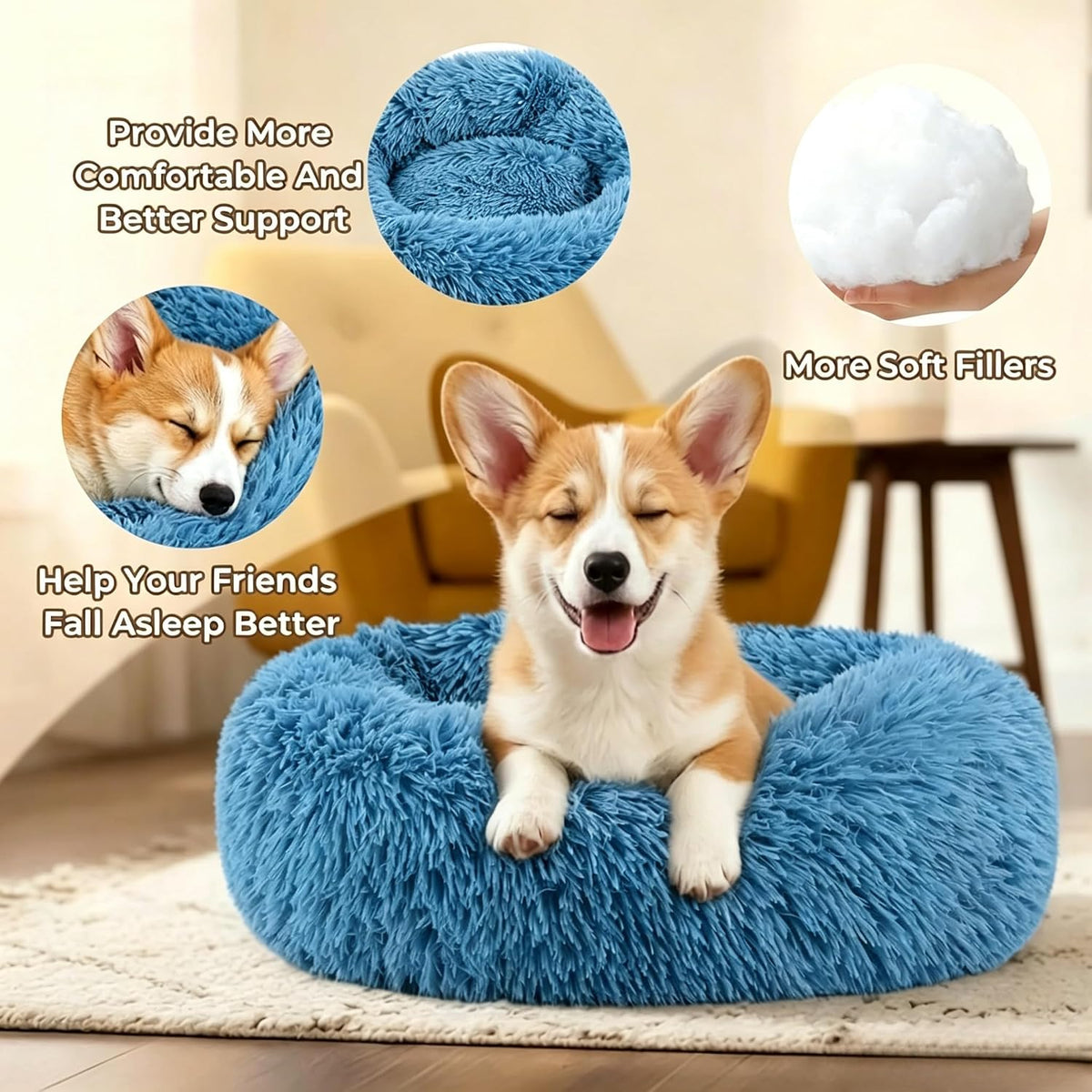 Calming Donut Dog and Cat Bed for Indoor Cats, Anti-Anxiety Round Fluffy Soft Washable Small Pet Bed for Puppy and Kitten, Warming Comfortable Luxury Anti-Slip Waterproof Mute Base 20in Gray
