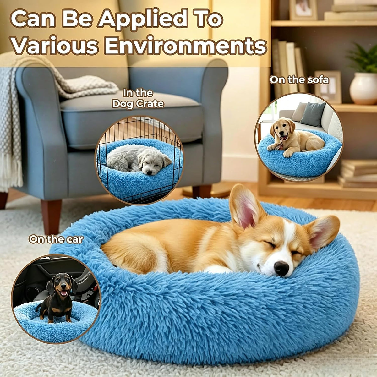 Calming Donut Dog and Cat Bed for Indoor Cats, Anti-Anxiety Round Fluffy Soft Washable Small Pet Bed for Puppy and Kitten, Warming Comfortable Luxury Anti-Slip Waterproof Mute Base 20in Gray