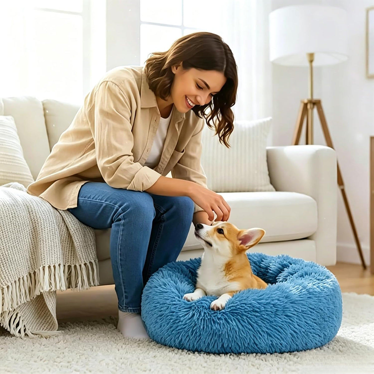 Calming Donut Dog and Cat Bed for Indoor Cats, Anti-Anxiety Round Fluffy Soft Washable Small Pet Bed for Puppy and Kitten, Warming Comfortable Luxury Anti-Slip Waterproof Mute Base 20in Gray