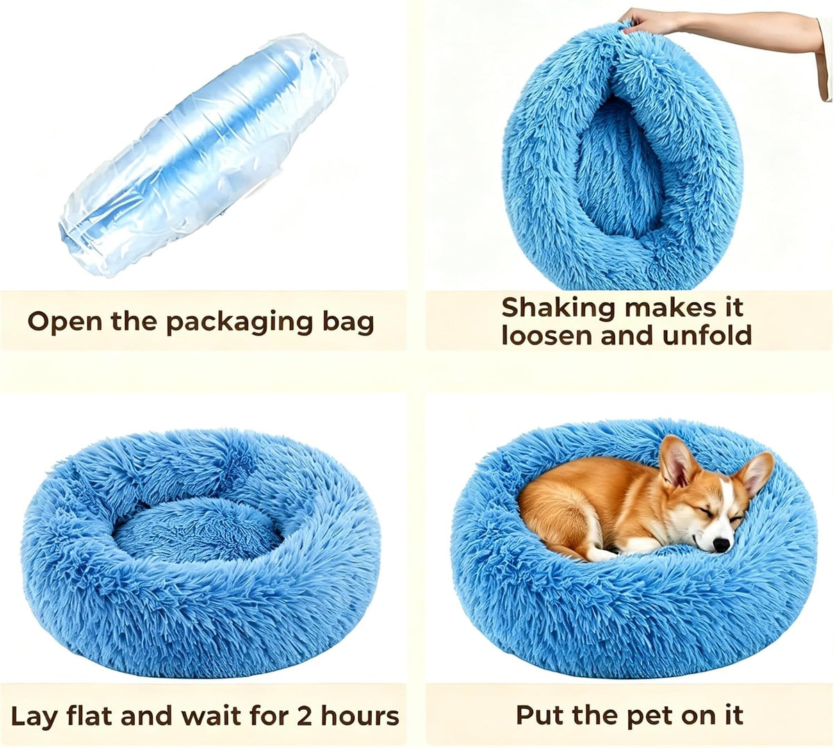 Calming Donut Dog and Cat Bed for Indoor Cats, Anti-Anxiety Round Fluffy Soft Washable Small Pet Bed for Puppy and Kitten, Warming Comfortable Luxury Anti-Slip Waterproof Mute Base 20in Gray