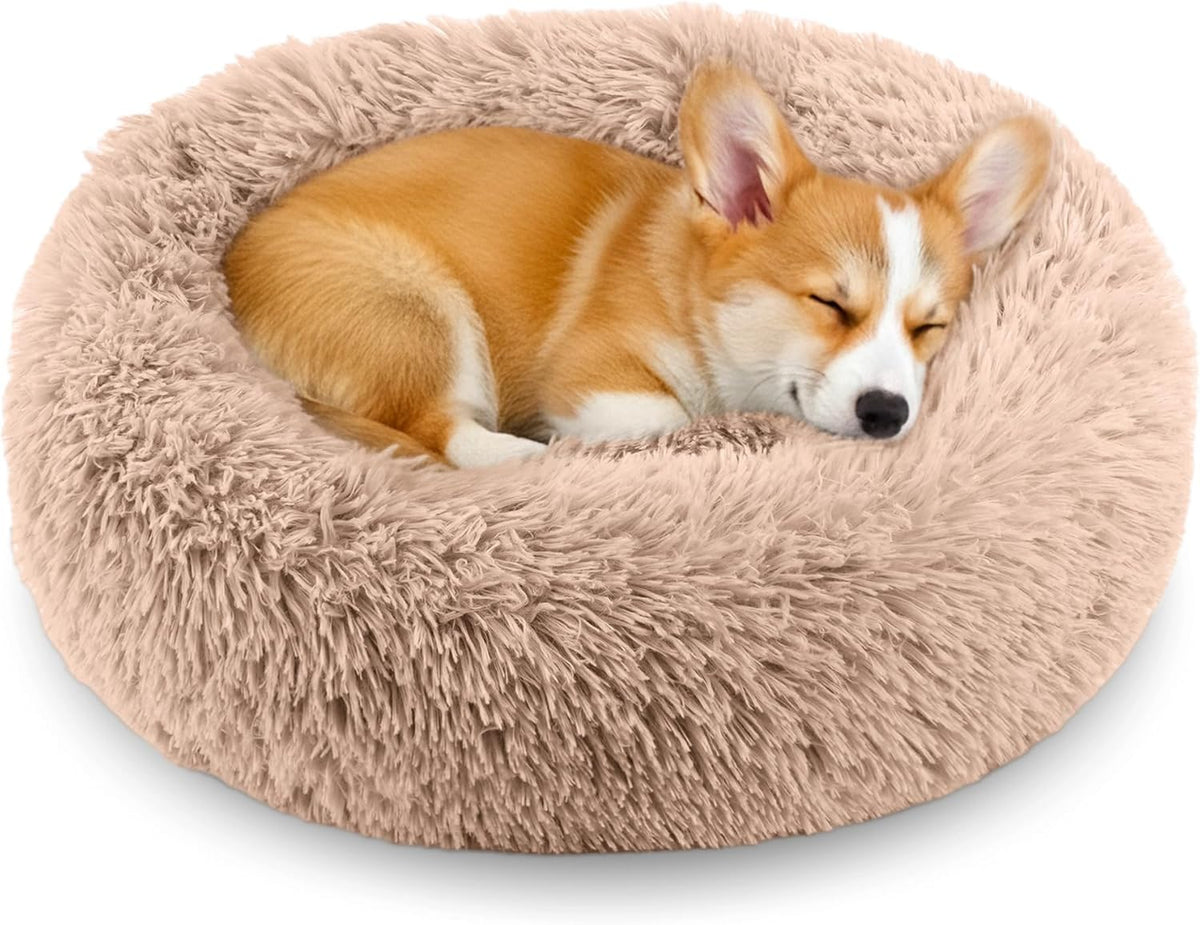 Calming Donut Dog and Cat Bed for Indoor Cats, Anti-Anxiety Round Fluffy Soft Washable Small Pet Bed for Puppy and Kitten, Warming Comfortable Luxury Anti-Slip Waterproof Mute Base 20in Gray