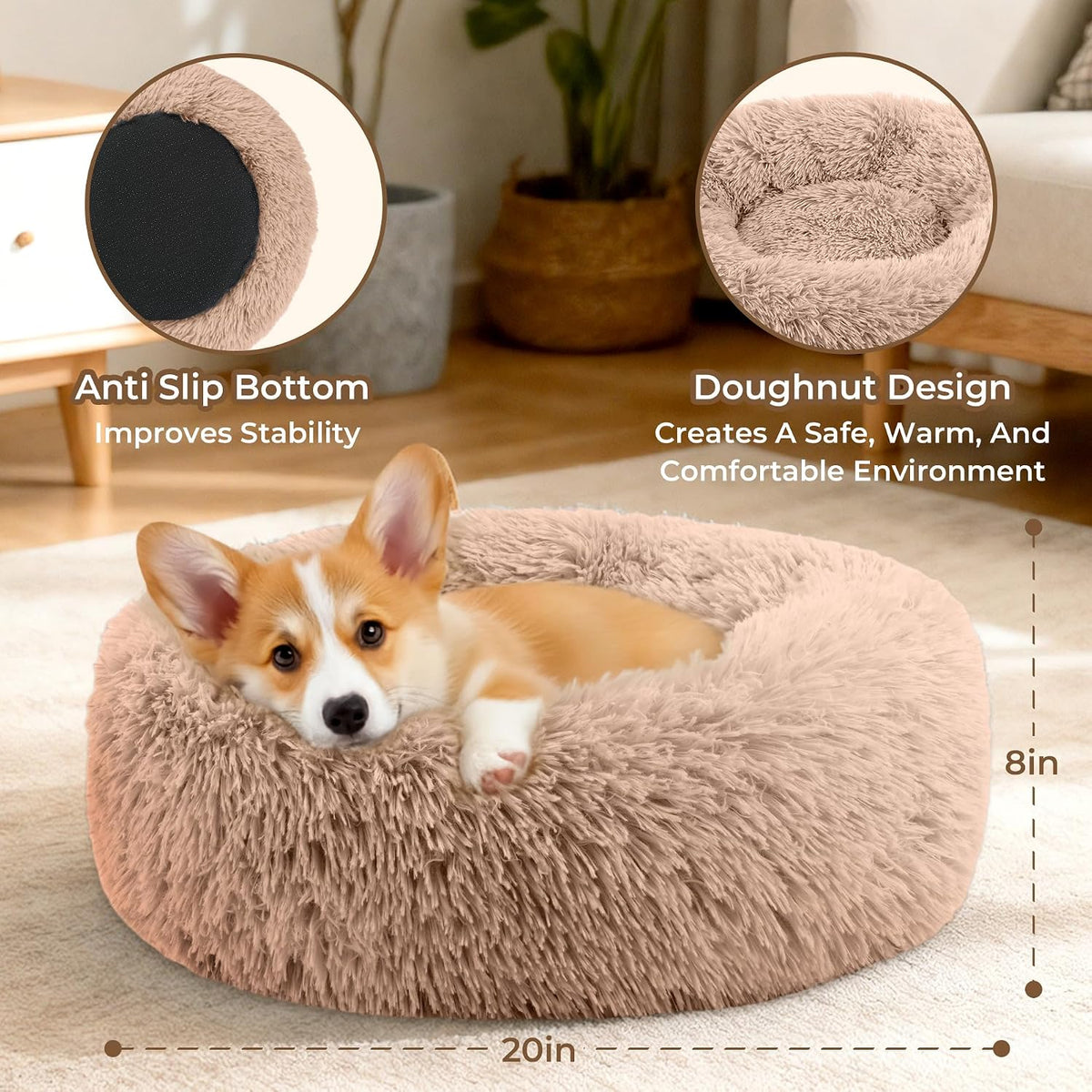 Calming Donut Dog and Cat Bed for Indoor Cats, Anti-Anxiety Round Fluffy Soft Washable Small Pet Bed for Puppy and Kitten, Warming Comfortable Luxury Anti-Slip Waterproof Mute Base 20in Gray