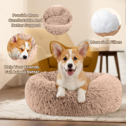 Calming Donut Dog and Cat Bed for Indoor Cats, Anti-Anxiety Round Fluffy Soft Washable Small Pet Bed for Puppy and Kitten, Warming Comfortable Luxury Anti-Slip Waterproof Mute Base 20in Gray