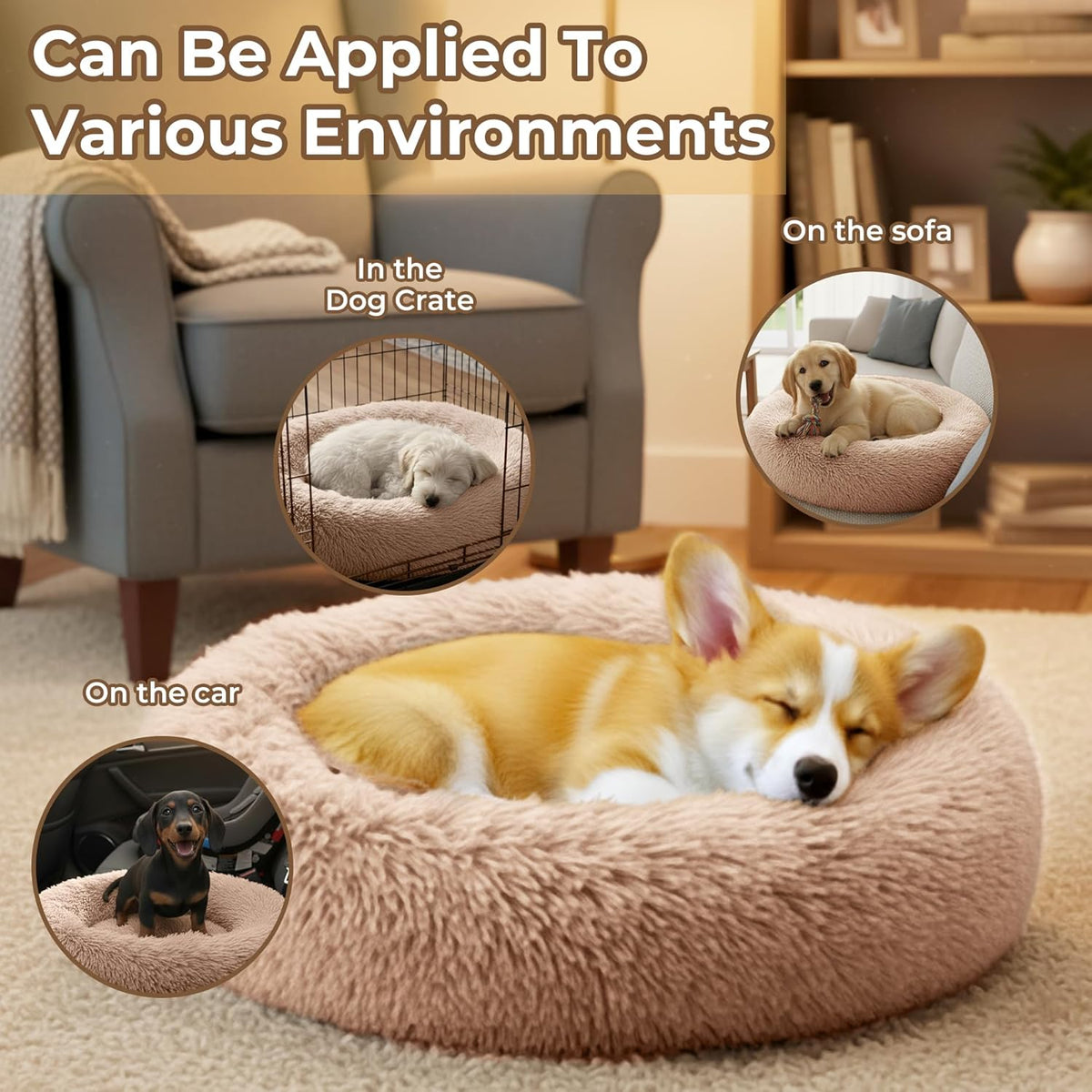 Calming Donut Dog and Cat Bed for Indoor Cats, Anti-Anxiety Round Fluffy Soft Washable Small Pet Bed for Puppy and Kitten, Warming Comfortable Luxury Anti-Slip Waterproof Mute Base 20in Gray