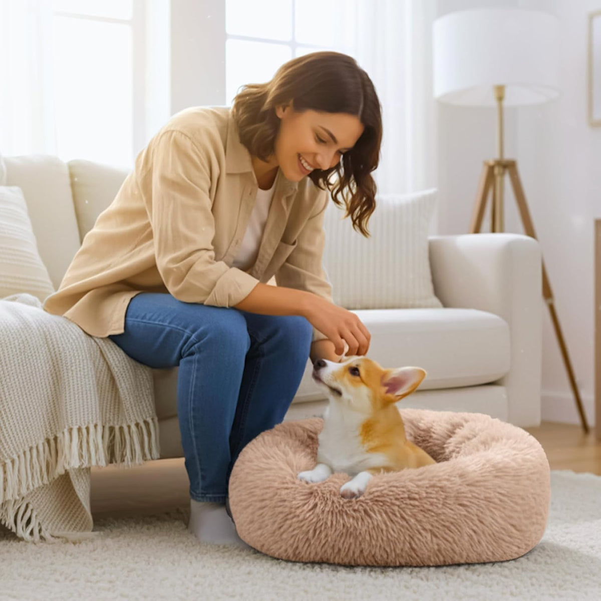 Calming Donut Dog and Cat Bed for Indoor Cats, Anti-Anxiety Round Fluffy Soft Washable Small Pet Bed for Puppy and Kitten, Warming Comfortable Luxury Anti-Slip Waterproof Mute Base 20in Gray
