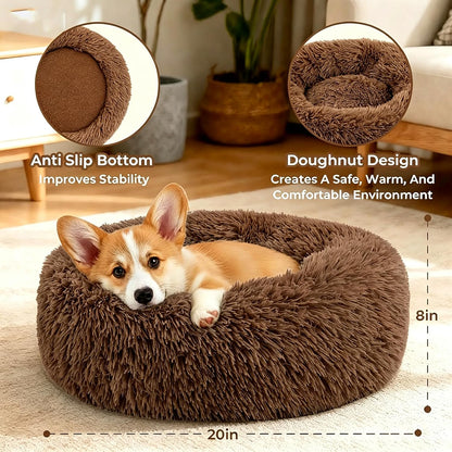 Calming Donut Dog and Cat Bed for Indoor Cats, Anti-Anxiety Round Fluffy Soft Washable Small Pet Bed for Puppy and Kitten, Warming Comfortable Luxury Anti-Slip Waterproof Mute Base 20in Gray