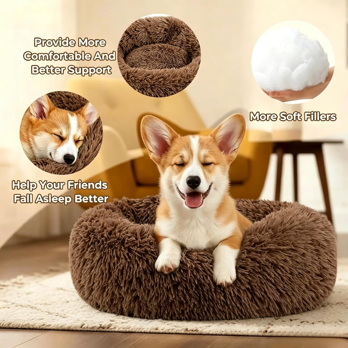 Calming Donut Dog and Cat Bed for Indoor Cats, Anti-Anxiety Round Fluffy Soft Washable Small Pet Bed for Puppy and Kitten, Warming Comfortable Luxury Anti-Slip Waterproof Mute Base 20in Gray