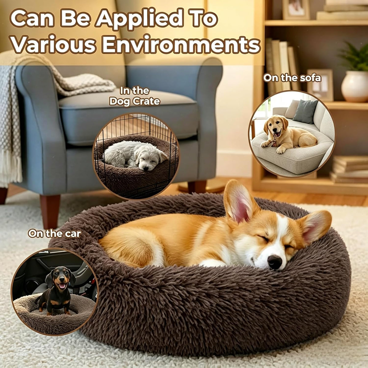 Calming Donut Dog and Cat Bed for Indoor Cats, Anti-Anxiety Round Fluffy Soft Washable Small Pet Bed for Puppy and Kitten, Warming Comfortable Luxury Anti-Slip Waterproof Mute Base 20in Gray