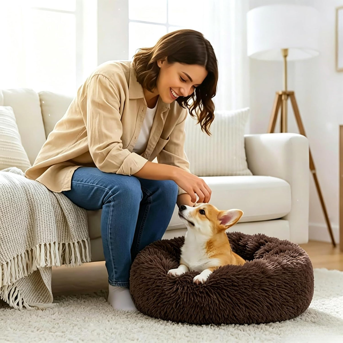 Calming Donut Dog and Cat Bed for Indoor Cats, Anti-Anxiety Round Fluffy Soft Washable Small Pet Bed for Puppy and Kitten, Warming Comfortable Luxury Anti-Slip Waterproof Mute Base 20in Gray