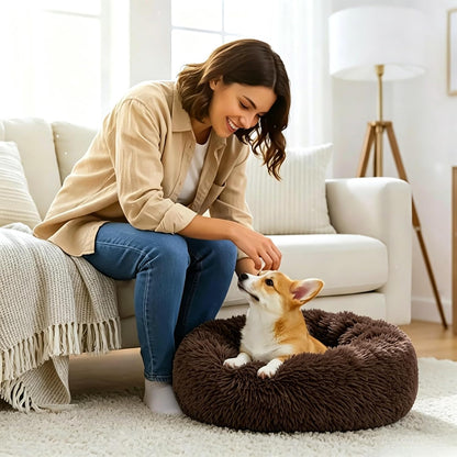 Calming Donut Dog and Cat Bed for Indoor Cats, Anti-Anxiety Round Fluffy Soft Washable Small Pet Bed for Puppy and Kitten, Warming Comfortable Luxury Anti-Slip Waterproof Mute Base 20in Gray