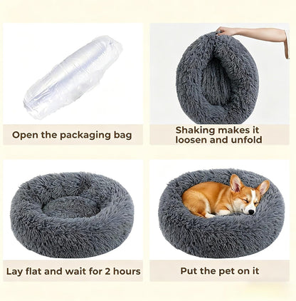 Calming Donut Dog and Cat Bed for Indoor Cats, Anti-Anxiety Round Fluffy Soft Washable Small Pet Bed for Puppy and Kitten, Warming Comfortable Luxury Anti-Slip Waterproof Mute Base 20in Gray