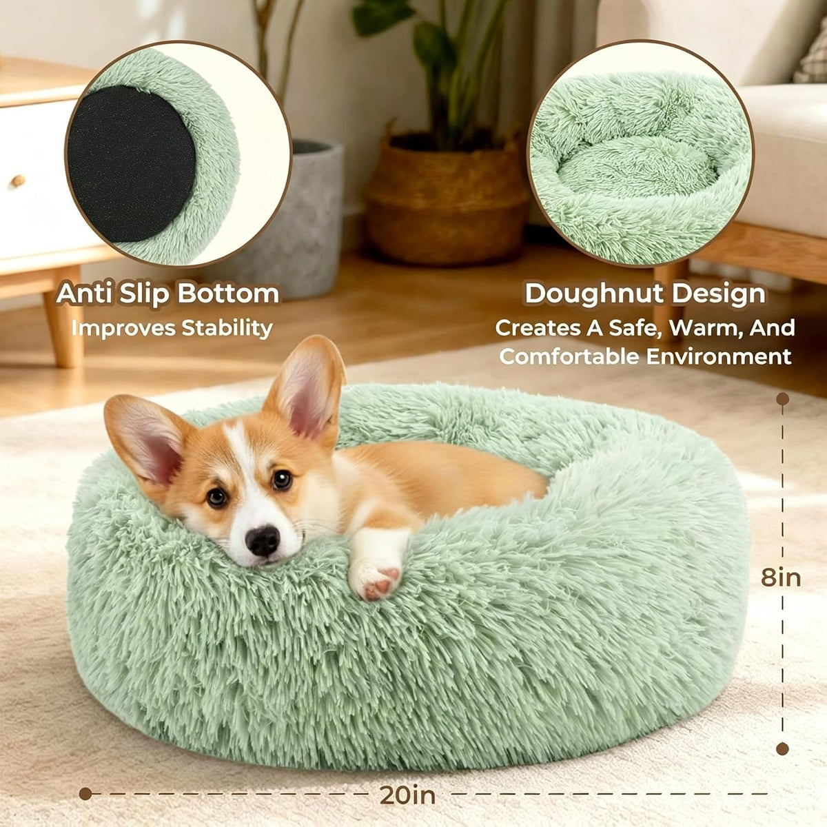 Calming Donut Dog and Cat Bed for Indoor Cats, Anti-Anxiety Round Fluffy Soft Washable Small Pet Bed for Puppy and Kitten, Warming Comfortable Luxury Anti-Slip Waterproof Mute Base 20in Gray