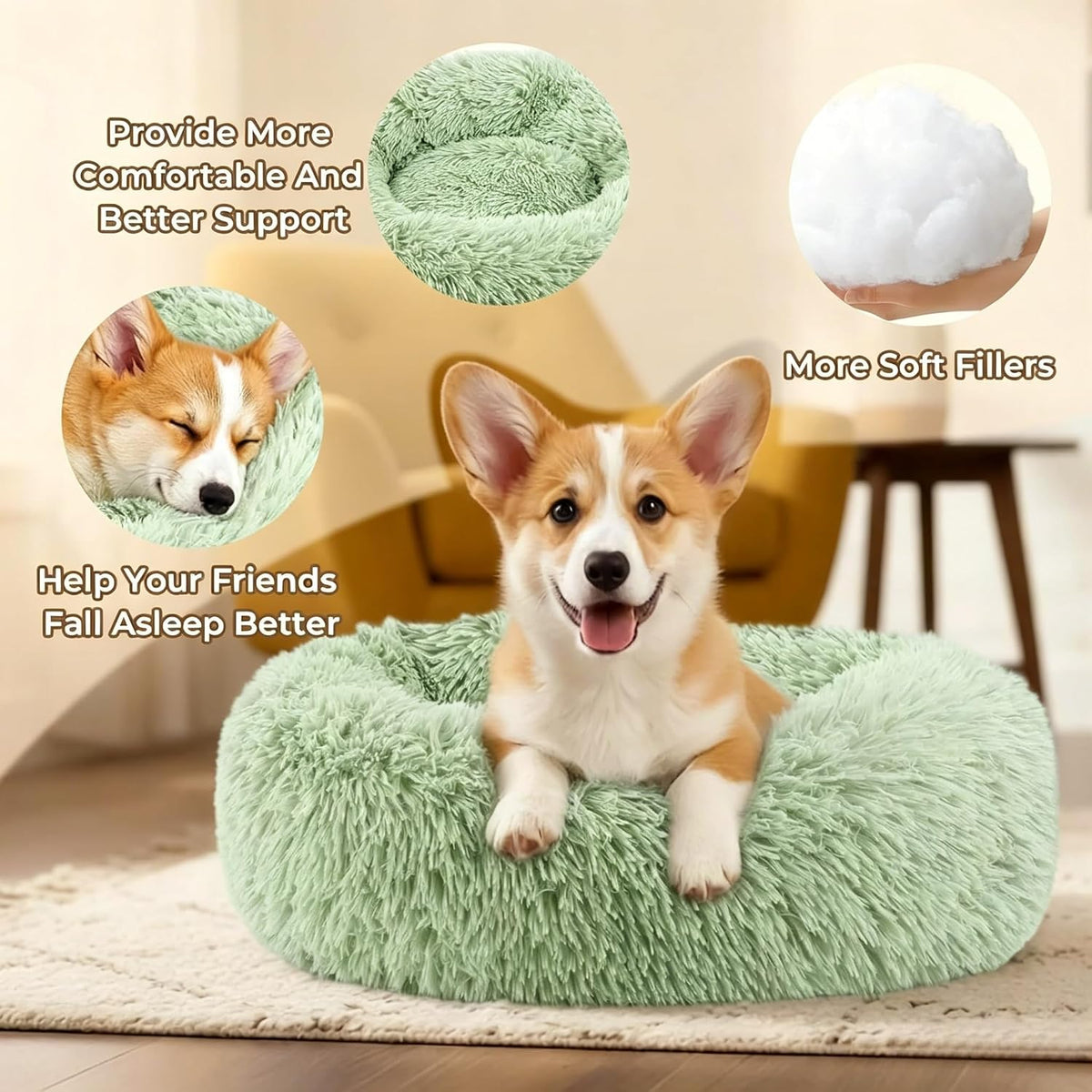 Calming Donut Dog and Cat Bed for Indoor Cats, Anti-Anxiety Round Fluffy Soft Washable Small Pet Bed for Puppy and Kitten, Warming Comfortable Luxury Anti-Slip Waterproof Mute Base 20in Gray