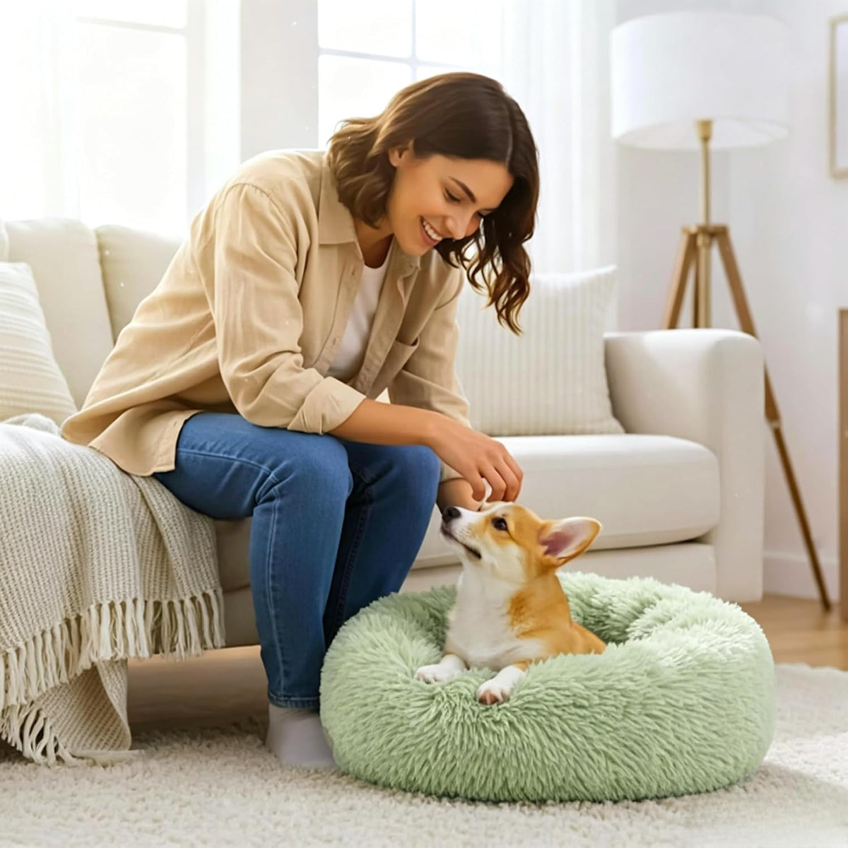 Calming Donut Dog and Cat Bed for Indoor Cats, Anti-Anxiety Round Fluffy Soft Washable Small Pet Bed for Puppy and Kitten, Warming Comfortable Luxury Anti-Slip Waterproof Mute Base 20in Gray