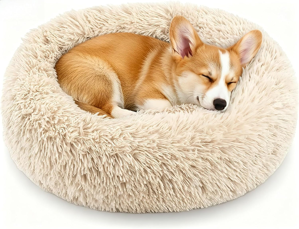 Calming Donut Dog and Cat Bed for Indoor Cats, Anti-Anxiety Round Fluffy Soft Washable Small Pet Bed for Puppy and Kitten, Warming Comfortable Luxury Anti-Slip Waterproof Mute Base 20in Gray