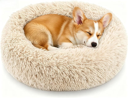 Calming Donut Dog and Cat Bed for Indoor Cats, Anti-Anxiety Round Fluffy Soft Washable Small Pet Bed for Puppy and Kitten, Warming Comfortable Luxury Anti-Slip Waterproof Mute Base 20in Gray