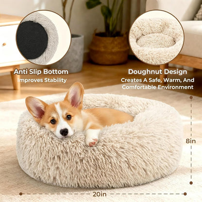 Calming Donut Dog and Cat Bed for Indoor Cats, Anti-Anxiety Round Fluffy Soft Washable Small Pet Bed for Puppy and Kitten, Warming Comfortable Luxury Anti-Slip Waterproof Mute Base 20in Gray