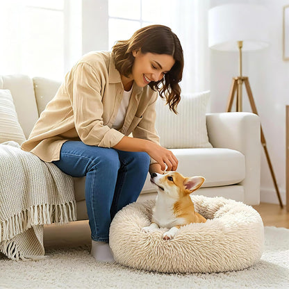 Calming Donut Dog and Cat Bed for Indoor Cats, Anti-Anxiety Round Fluffy Soft Washable Small Pet Bed for Puppy and Kitten, Warming Comfortable Luxury Anti-Slip Waterproof Mute Base 20in Gray
