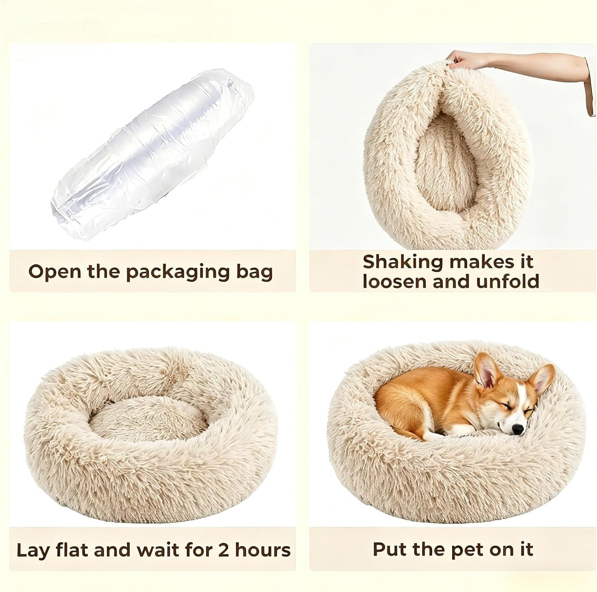 Calming Donut Dog and Cat Bed for Indoor Cats, Anti-Anxiety Round Fluffy Soft Washable Small Pet Bed for Puppy and Kitten, Warming Comfortable Luxury Anti-Slip Waterproof Mute Base 20in Gray
