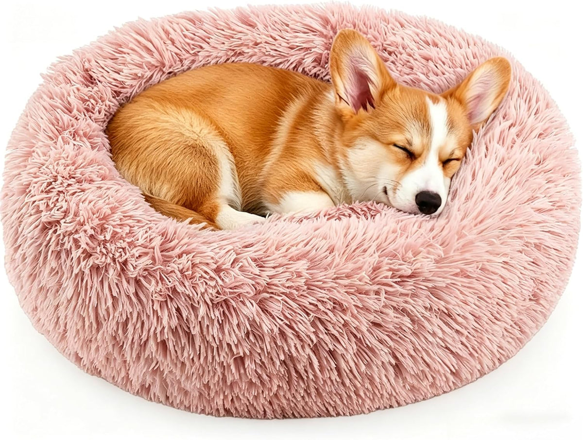 Calming Donut Dog and Cat Bed for Indoor Cats, Anti-Anxiety Round Fluffy Soft Washable Small Pet Bed for Puppy and Kitten, Warming Comfortable Luxury Anti-Slip Waterproof Mute Base 20in Gray