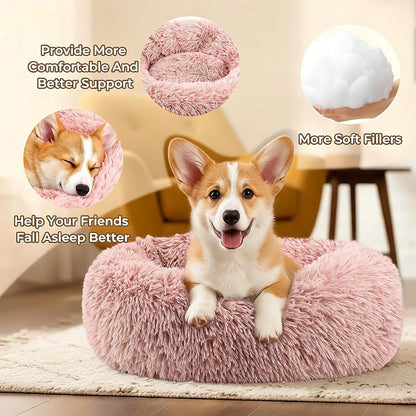 Calming Donut Dog and Cat Bed for Indoor Cats, Anti-Anxiety Round Fluffy Soft Washable Small Pet Bed for Puppy and Kitten, Warming Comfortable Luxury Anti-Slip Waterproof Mute Base 20in Gray