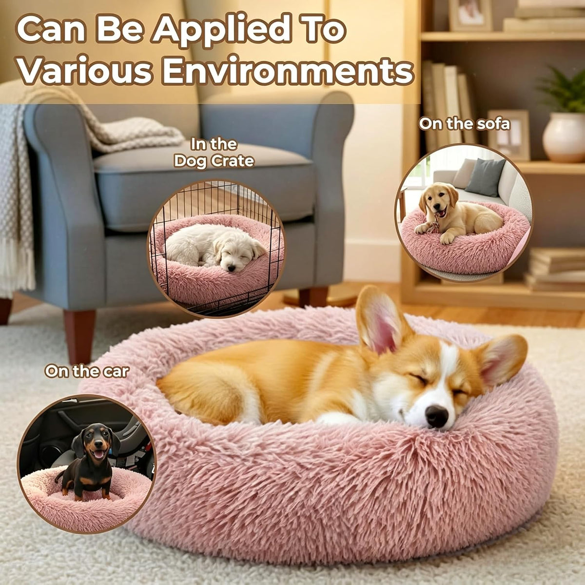 Calming Donut Dog and Cat Bed for Indoor Cats, Anti-Anxiety Round Fluffy Soft Washable Small Pet Bed for Puppy and Kitten, Warming Comfortable Luxury Anti-Slip Waterproof Mute Base 20in Gray