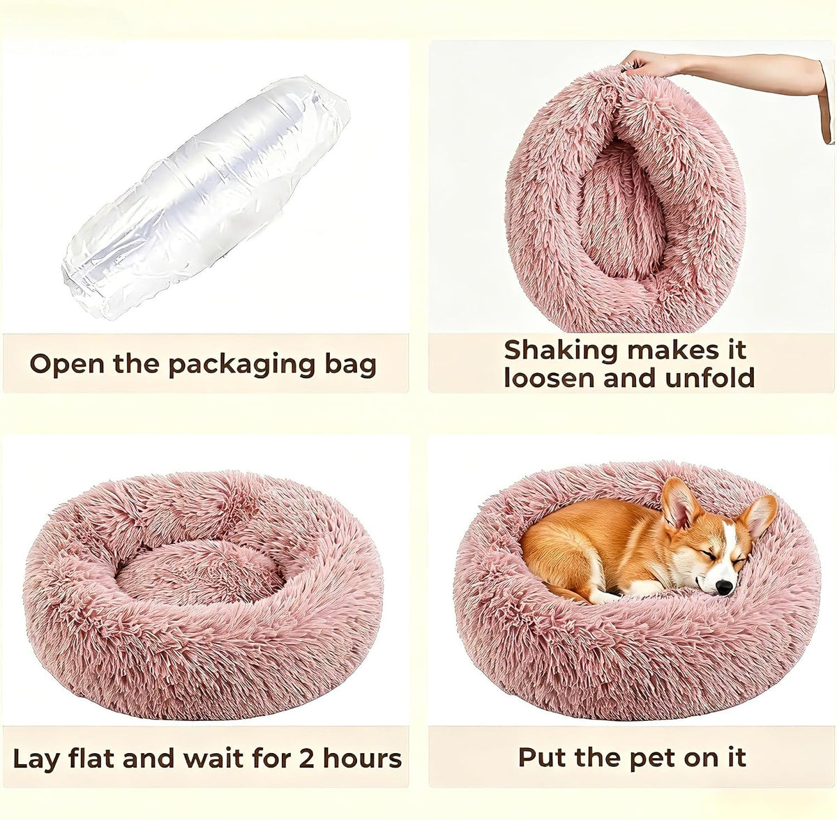 Calming Donut Dog and Cat Bed for Indoor Cats, Anti-Anxiety Round Fluffy Soft Washable Small Pet Bed for Puppy and Kitten, Warming Comfortable Luxury Anti-Slip Waterproof Mute Base 20in Gray