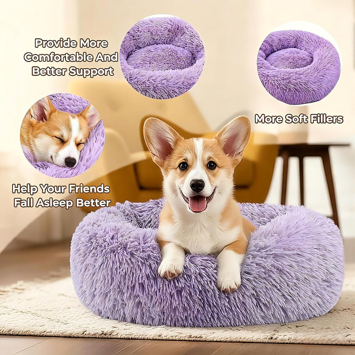 Calming Donut Dog and Cat Bed for Indoor Cats, Anti-Anxiety Round Fluffy Soft Washable Small Pet Bed for Puppy and Kitten, Warming Comfortable Luxury Anti-Slip Waterproof Mute Base 20in Gray