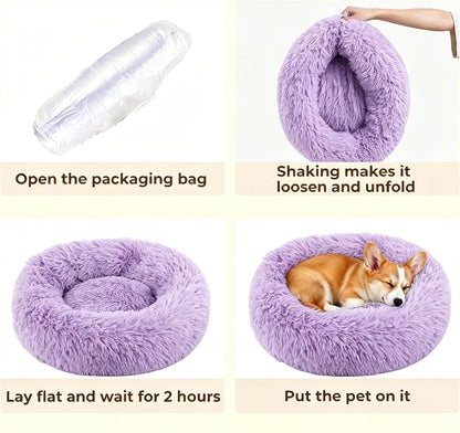 Calming Donut Dog and Cat Bed for Indoor Cats, Anti-Anxiety Round Fluffy Soft Washable Small Pet Bed for Puppy and Kitten, Warming Comfortable Luxury Anti-Slip Waterproof Mute Base 20in Gray