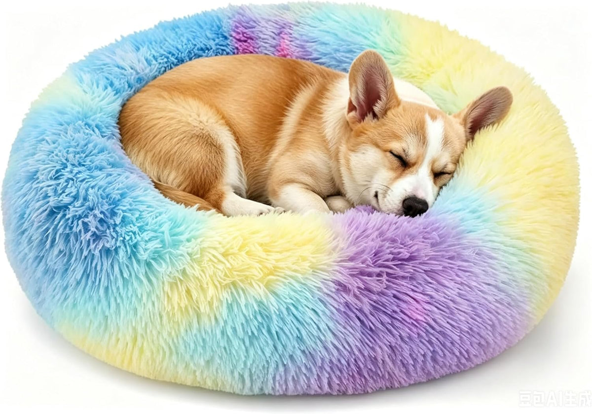 Calming Donut Dog and Cat Bed for Indoor Cats, Anti-Anxiety Round Fluffy Soft Washable Small Pet Bed for Puppy and Kitten, Warming Comfortable Luxury Anti-Slip Waterproof Mute Base 20in Gray