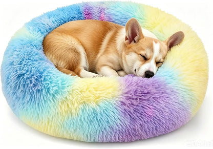 Calming Donut Dog and Cat Bed for Indoor Cats, Anti-Anxiety Round Fluffy Soft Washable Small Pet Bed for Puppy and Kitten, Warming Comfortable Luxury Anti-Slip Waterproof Mute Base 20in Gray