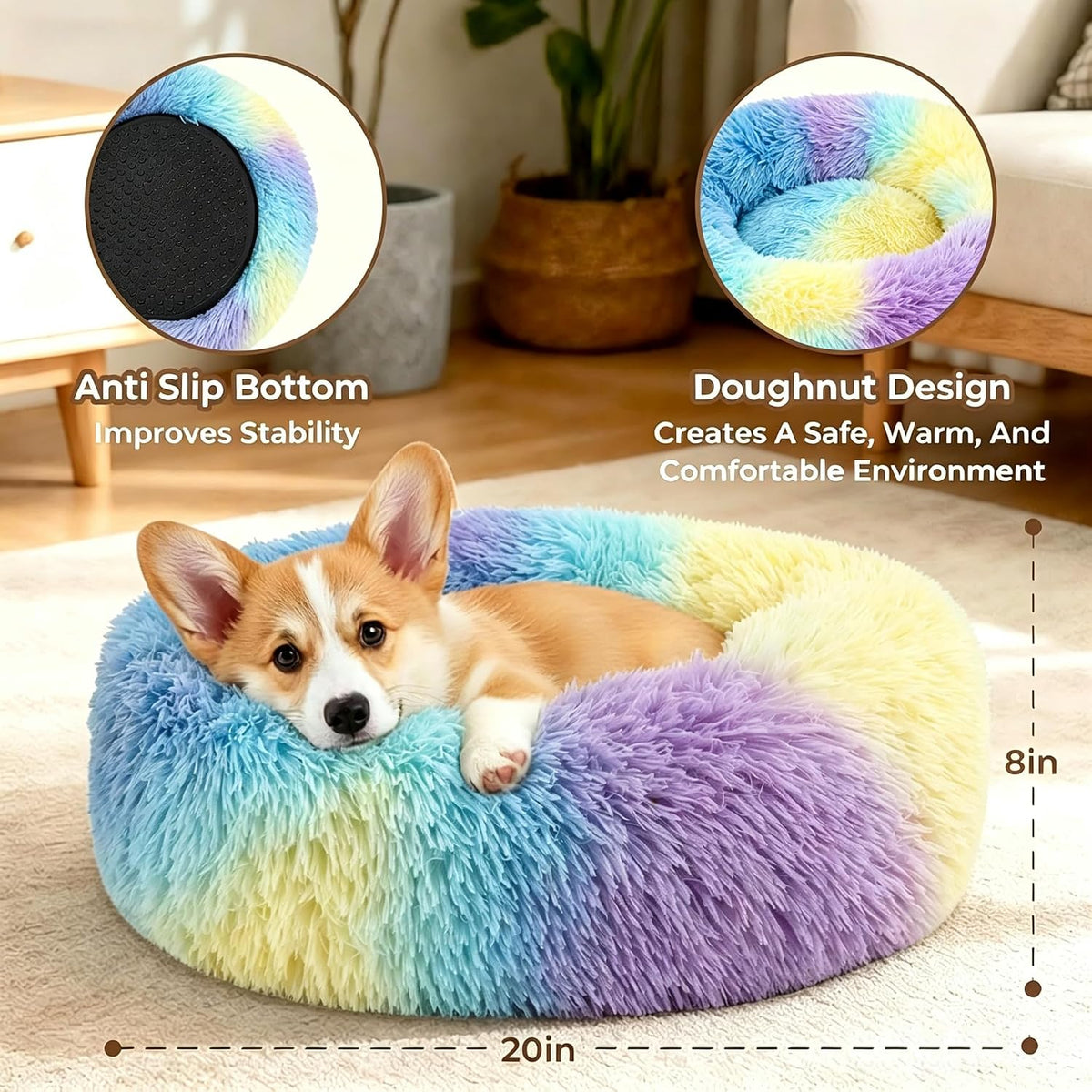 Calming Donut Dog and Cat Bed for Indoor Cats, Anti-Anxiety Round Fluffy Soft Washable Small Pet Bed for Puppy and Kitten, Warming Comfortable Luxury Anti-Slip Waterproof Mute Base 20in Gray