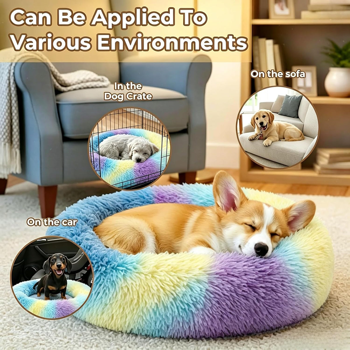 Calming Donut Dog and Cat Bed for Indoor Cats, Anti-Anxiety Round Fluffy Soft Washable Small Pet Bed for Puppy and Kitten, Warming Comfortable Luxury Anti-Slip Waterproof Mute Base 20in Gray