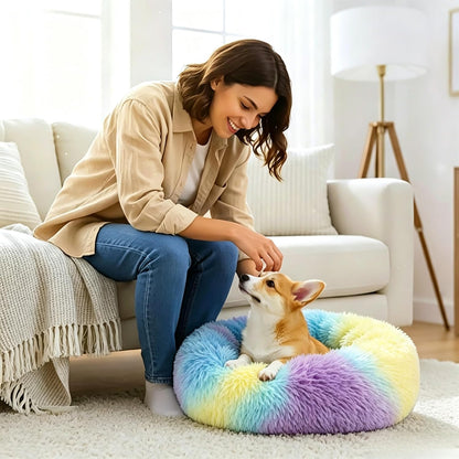 Calming Donut Dog and Cat Bed for Indoor Cats, Anti-Anxiety Round Fluffy Soft Washable Small Pet Bed for Puppy and Kitten, Warming Comfortable Luxury Anti-Slip Waterproof Mute Base 20in Gray