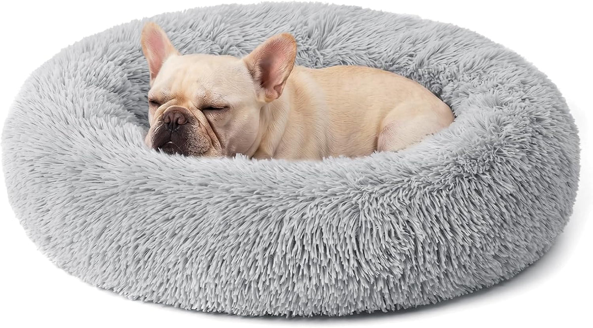 Calming Donut Dog and Cat Bed for Indoor Cats, Anti-Anxiety Round Fluffy Soft Washable Small Pet Bed for Puppy and Kitten, Warming Comfortable Luxury Anti-Slip Waterproof Mute Base 20in Gray