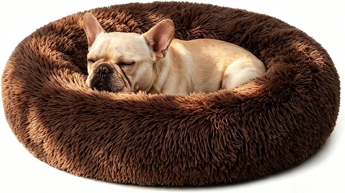 Calming Donut Dog and Cat Bed for Indoor Cats, Anti-Anxiety Round Fluffy Soft Washable Small Pet Bed for Puppy and Kitten, Warming Comfortable Luxury Anti-Slip Waterproof Mute Base 20in Gray