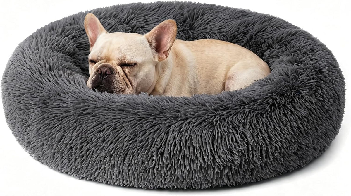Calming Donut Dog and Cat Bed for Indoor Cats, Anti-Anxiety Round Fluffy Soft Washable Small Pet Bed for Puppy and Kitten, Warming Comfortable Luxury Anti-Slip Waterproof Mute Base 20in Gray