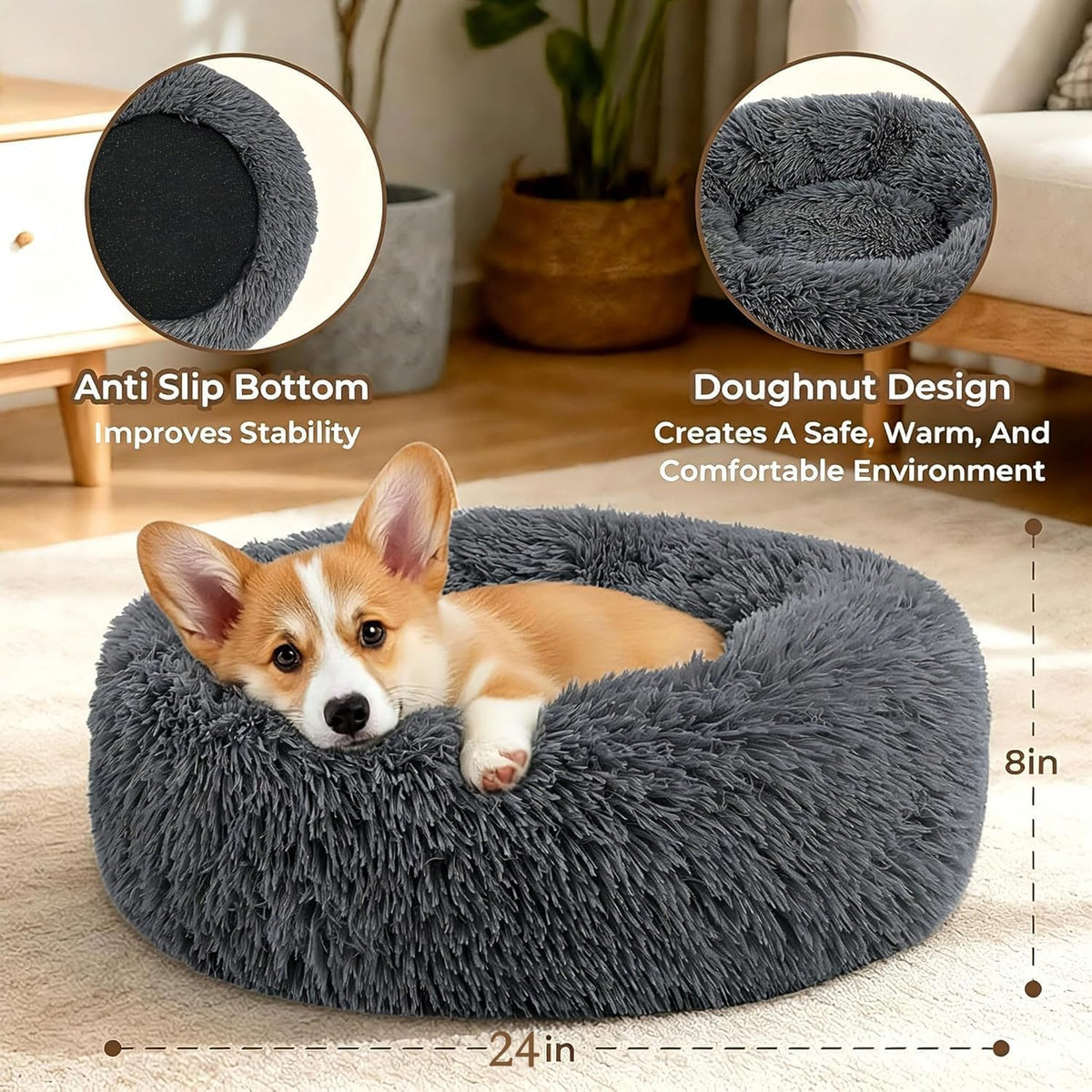 Calming Donut Dog and Cat Bed for Indoor Cats, Anti-Anxiety Round Fluffy Soft Washable Small Pet Bed for Puppy and Kitten, Warming Comfortable Luxury Anti-Slip Waterproof Mute Base 20in Gray