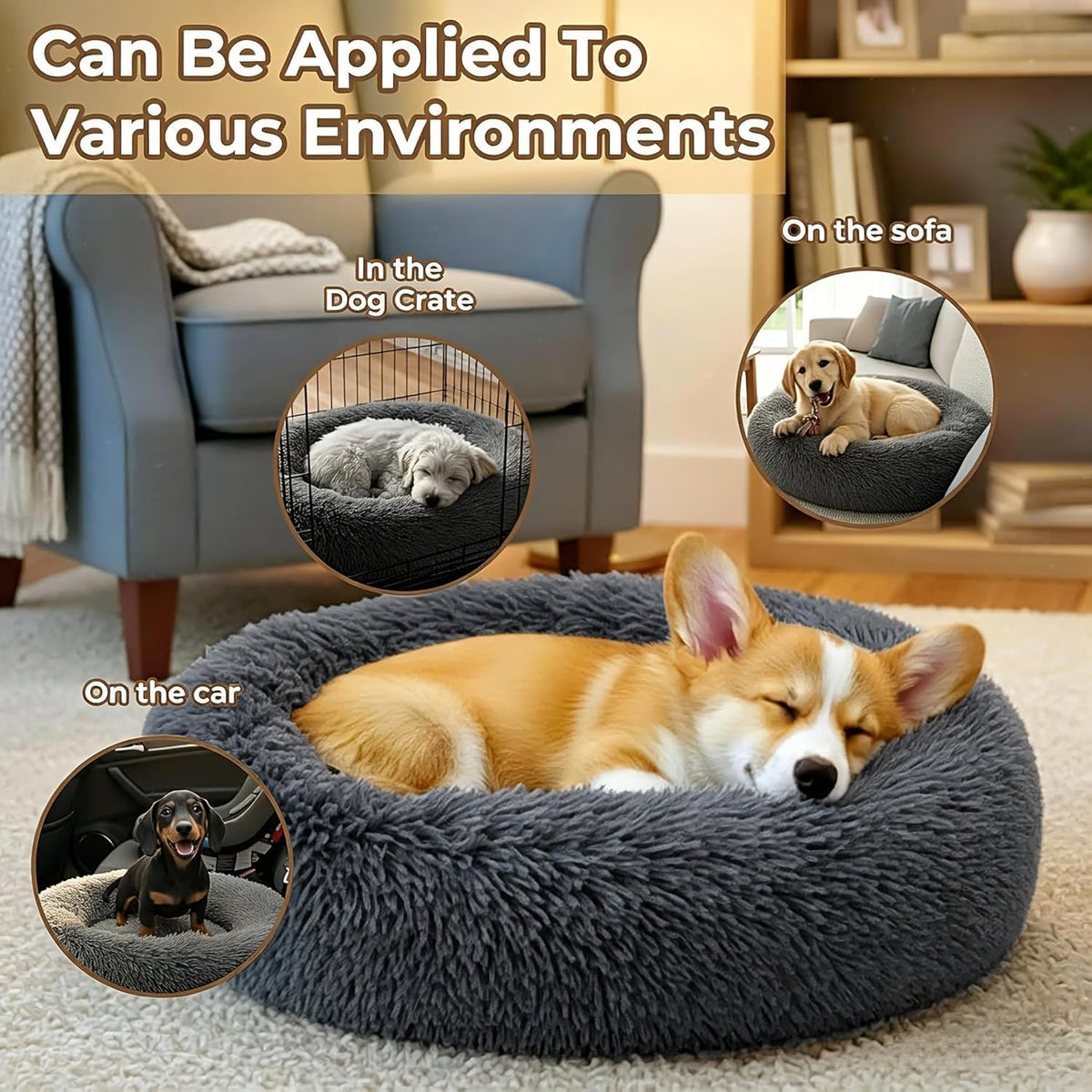 Calming Donut Dog and Cat Bed for Indoor Cats, Anti-Anxiety Round Fluffy Soft Washable Small Pet Bed for Puppy and Kitten, Warming Comfortable Luxury Anti-Slip Waterproof Mute Base 20in Gray