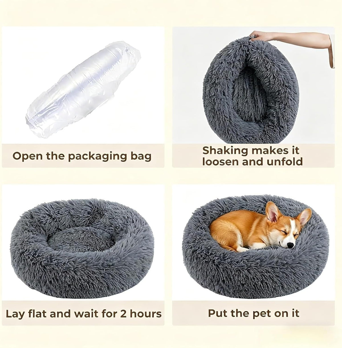 Calming Donut Dog and Cat Bed for Indoor Cats, Anti-Anxiety Round Fluffy Soft Washable Small Pet Bed for Puppy and Kitten, Warming Comfortable Luxury Anti-Slip Waterproof Mute Base 20in Gray